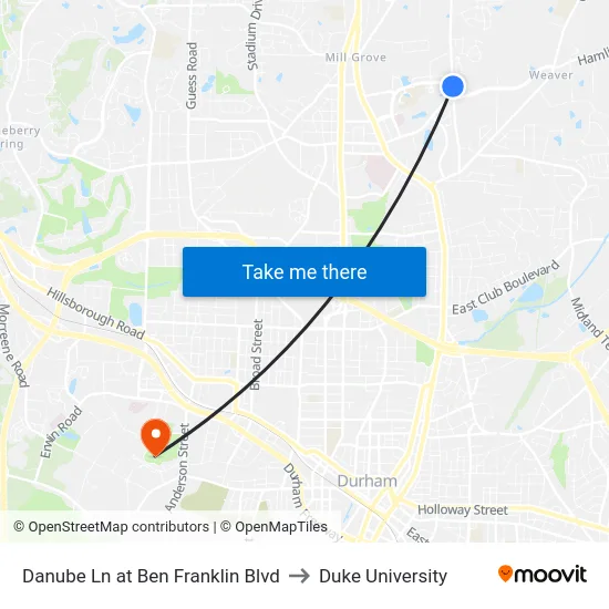 Danube Ln at Ben Franklin Blvd to Duke University map