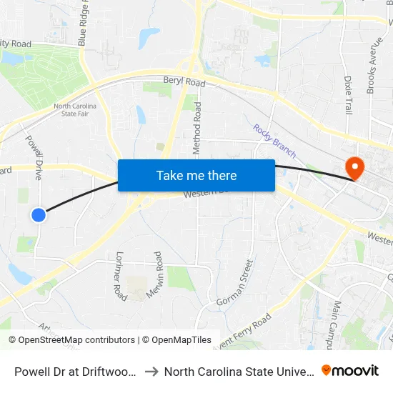 Powell Dr at Driftwood Dr to North Carolina State University map