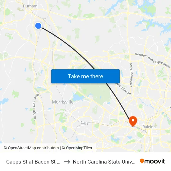 Capps St at Bacon St (Wb) to North Carolina State University map