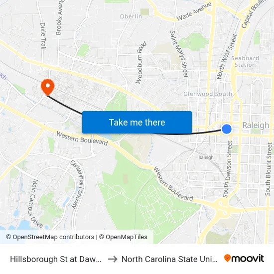 Hillsborough St at Dawson St to North Carolina State University map