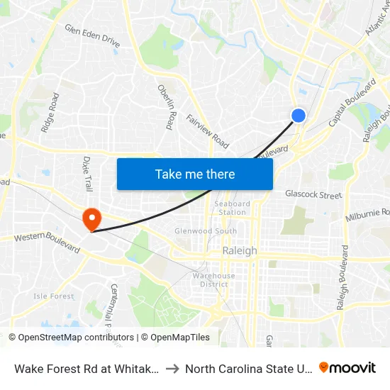 Wake Forest Rd at Whitaker Mill Rd to North Carolina State University map