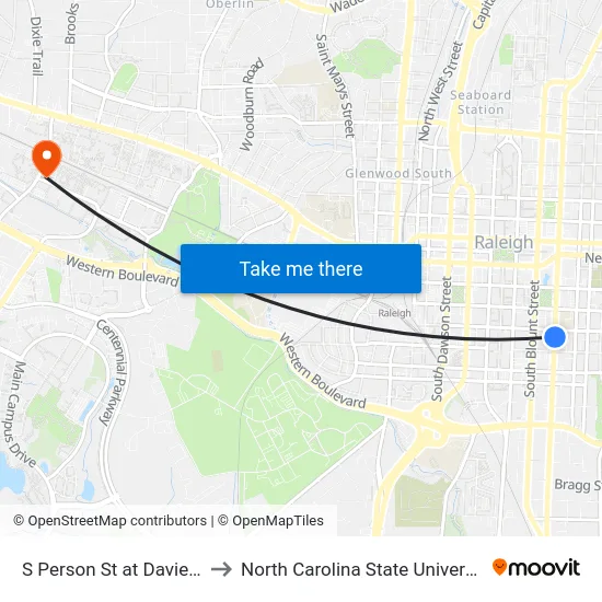 S Person St at Davie St to North Carolina State University map