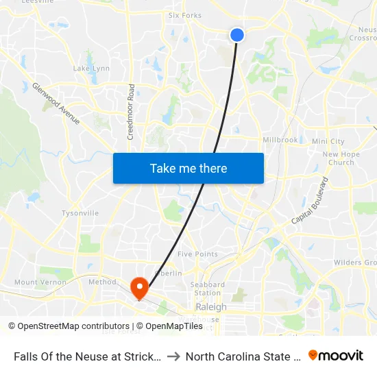 Falls Of the Neuse at Strickland Rd (Ib) to North Carolina State University map