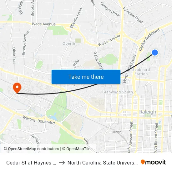 Cedar St at Haynes St to North Carolina State University map