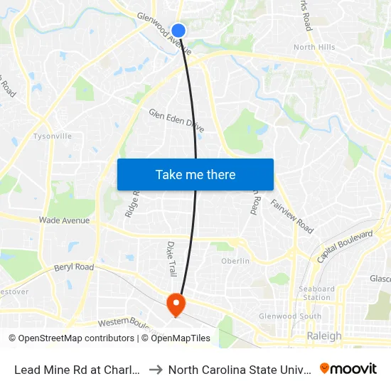 Lead Mine Rd at Charles Dr to North Carolina State University map