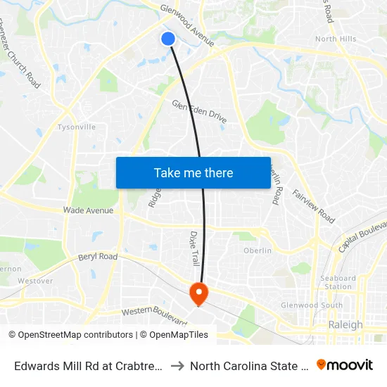 Edwards Mill Rd at Crabtree Valley Ave to North Carolina State University map