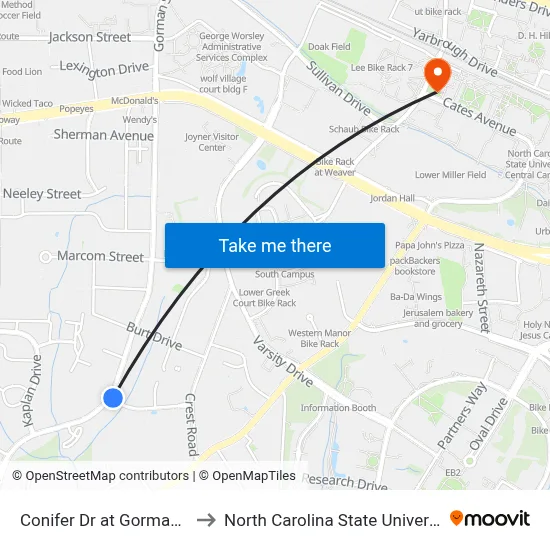Conifer Dr at Gorman St to North Carolina State University map