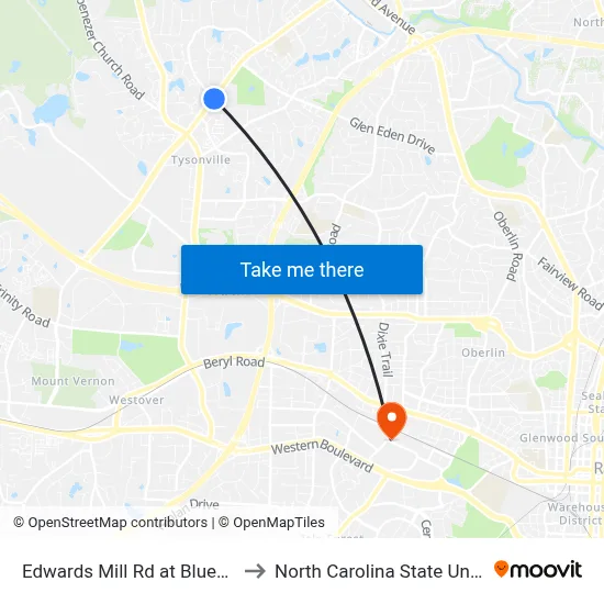 Edwards Mill Rd at Blueberry St to North Carolina State University map