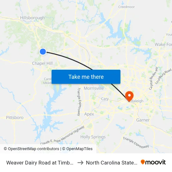 Weaver Dairy Road at Timberlyne Village to North Carolina State University map