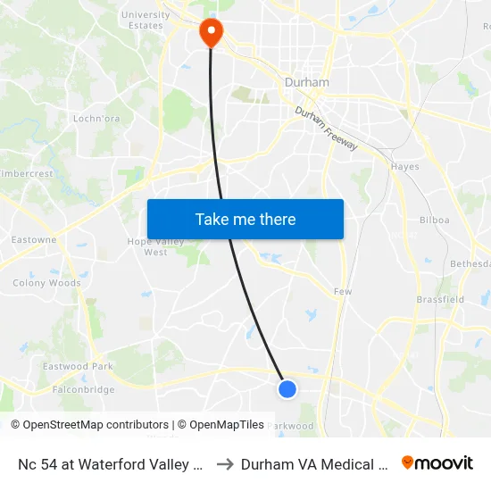 Nc 54 at Waterford Valley Dr (Wb) to Durham VA Medical Center map