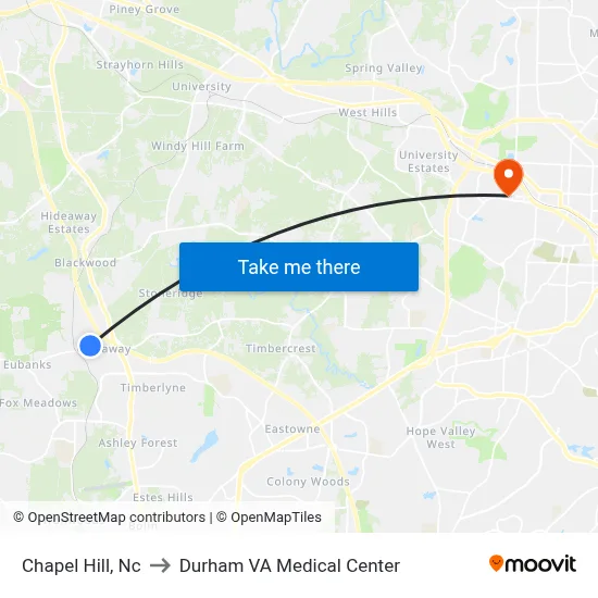 Chapel Hill, Nc to Durham VA Medical Center map