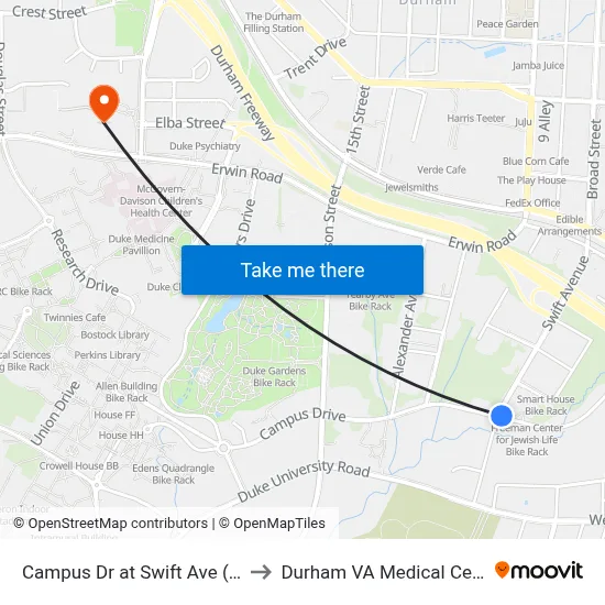 Campus Dr at Swift Ave (Wb) to Durham VA Medical Center map