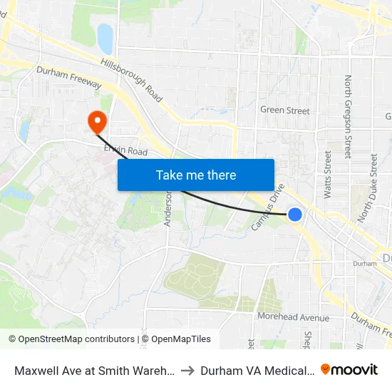Maxwell Ave at Smith Warehouse (Eb) to Durham VA Medical Center map