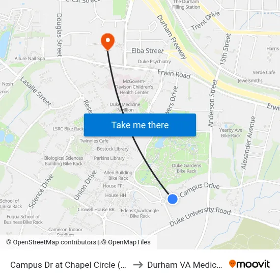 Campus Dr at Chapel Circle (Admissions) to Durham VA Medical Center map