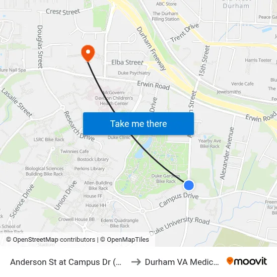 Anderson St at Campus Dr (Northbound) to Durham VA Medical Center map
