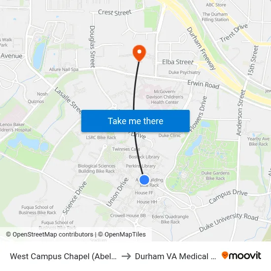 West Campus Chapel (Abele Quad) to Durham VA Medical Center map