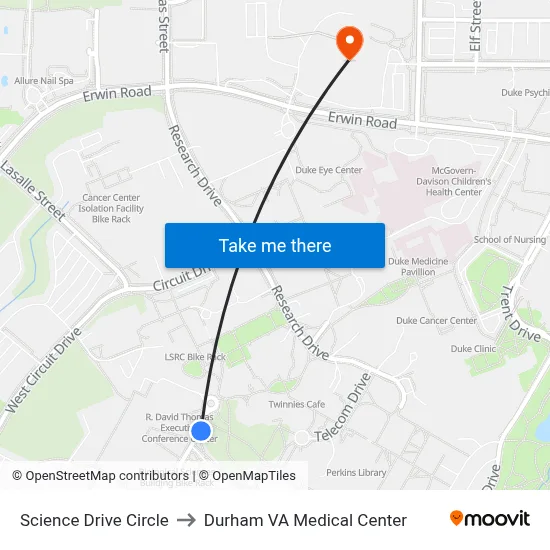 Science Drive Circle to Durham VA Medical Center map