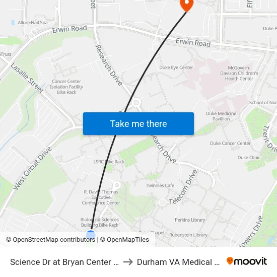 Science Dr at Bryan Center Garage to Durham VA Medical Center map