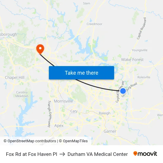 Fox Rd at Fox Haven Pl to Durham VA Medical Center map