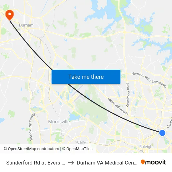 Sanderford Rd at Evers Rd to Durham VA Medical Center map