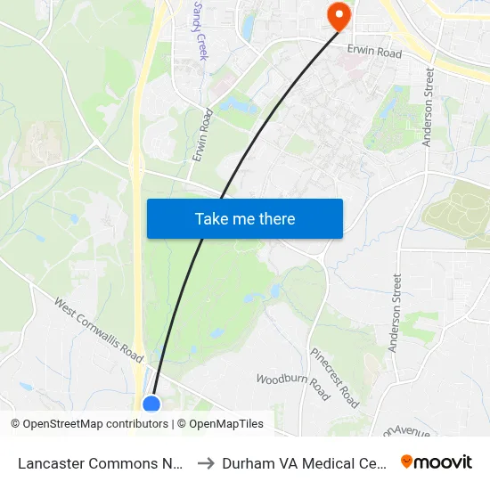 Lancaster Commons North to Durham VA Medical Center map