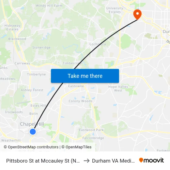 Pittsboro St at Mccauley St (Newman Center) to Durham VA Medical Center map