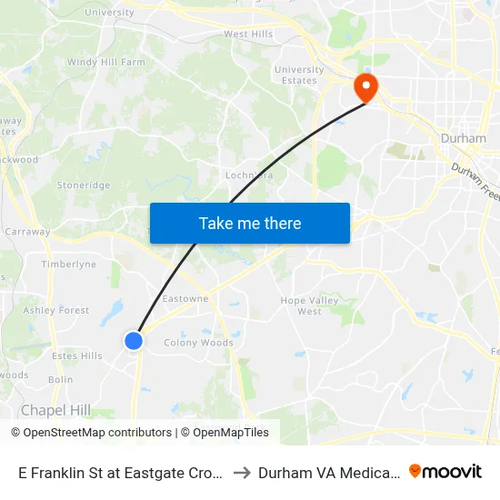 E Franklin St at Eastgate Crossing (Wb) to Durham VA Medical Center map