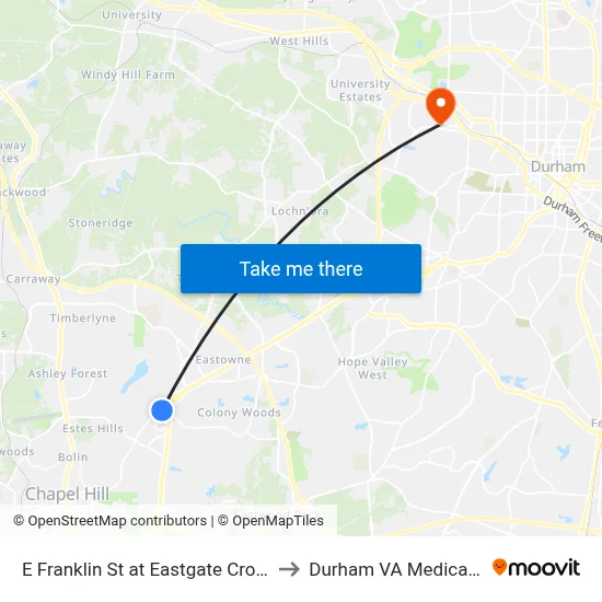 E Franklin St at Eastgate Crossing (Eb) to Durham VA Medical Center map