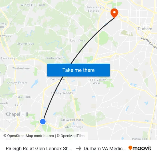 Raleigh Rd at Glen Lennox Shopping Center to Durham VA Medical Center map