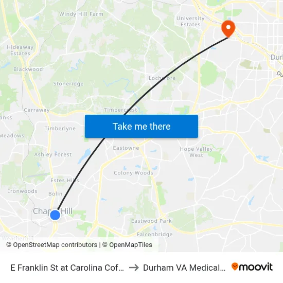 E Franklin St at Carolina Coffee Shop to Durham VA Medical Center map