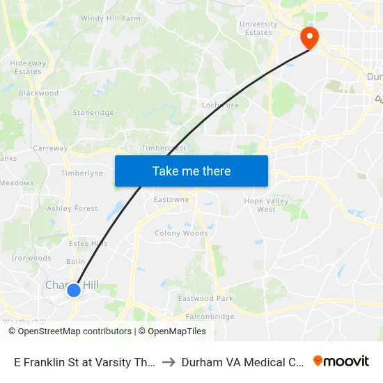 E Franklin St at Varsity Theatre to Durham VA Medical Center map