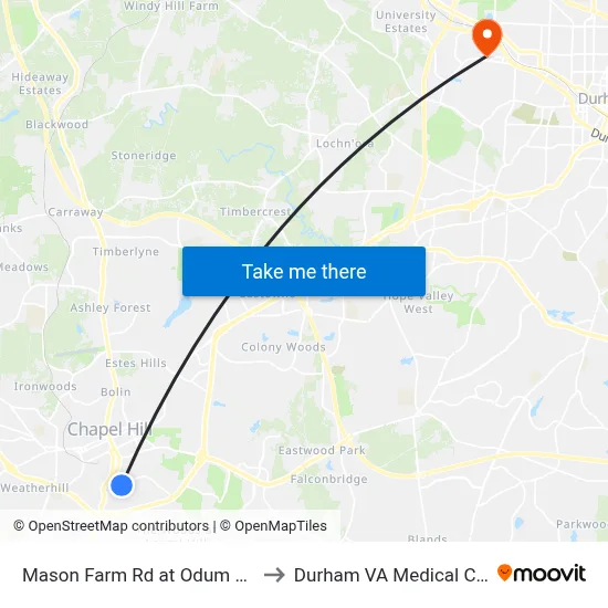 Mason Farm Rd at Odum Village to Durham VA Medical Center map