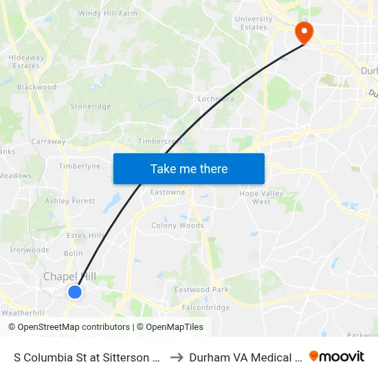 S Columbia St at Sitterson Hall (Nb) to Durham VA Medical Center map