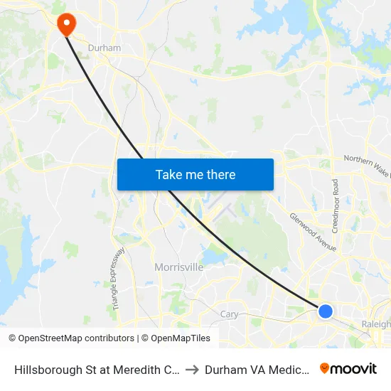 Hillsborough St at Meredith College (Wb) to Durham VA Medical Center map