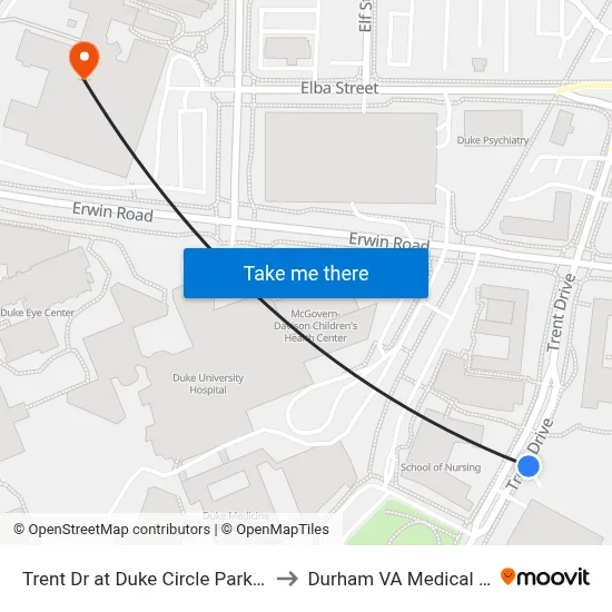 Trent Dr at Duke Circle Parking Deck to Durham VA Medical Center map