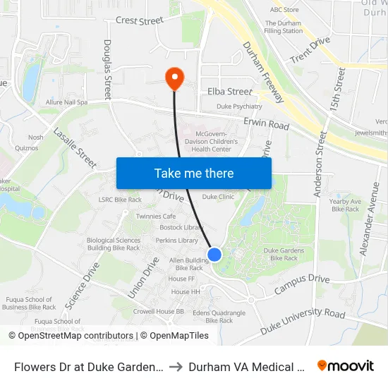 Flowers Dr at Duke Gardens (Nb) to Durham VA Medical Center map