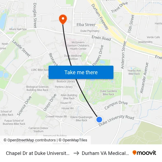 Chapel Dr at Duke University Rd (Nb) to Durham VA Medical Center map