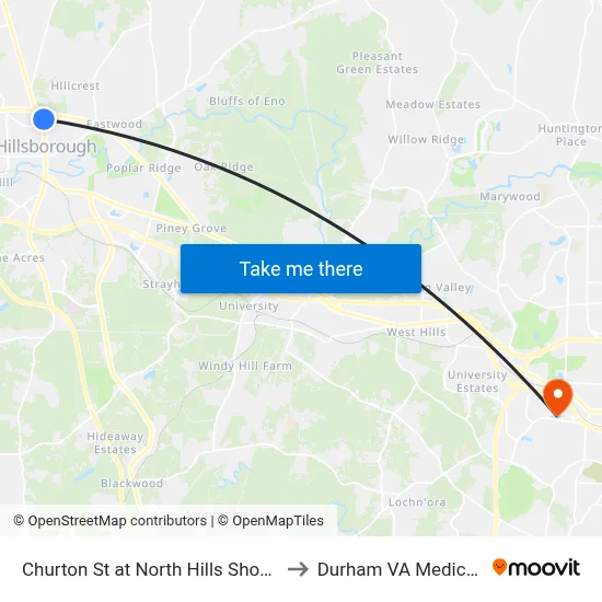 Churton St at North Hills Shopping Center to Durham VA Medical Center map