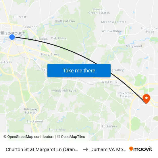 Churton St at Margaret Ln (Orange County Courthouse) to Durham VA Medical Center map