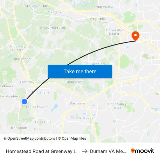 Homestead Road at Greenway Landing Southbound to Durham VA Medical Center map