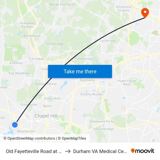 Old Fayetteville Road at 228 to Durham VA Medical Center map
