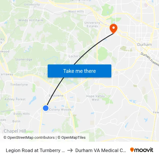 Legion Road at Turnberry Lane to Durham VA Medical Center map