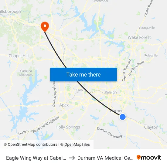 Eagle Wing Way at Cabela Dr to Durham VA Medical Center map