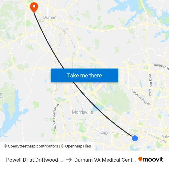Powell Dr at Driftwood Dr to Durham VA Medical Center map