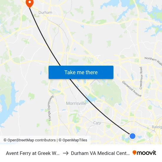 Avent Ferry at Greek Way to Durham VA Medical Center map