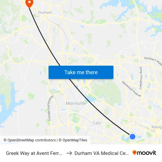 Greek Way at Avent Ferry Rd to Durham VA Medical Center map