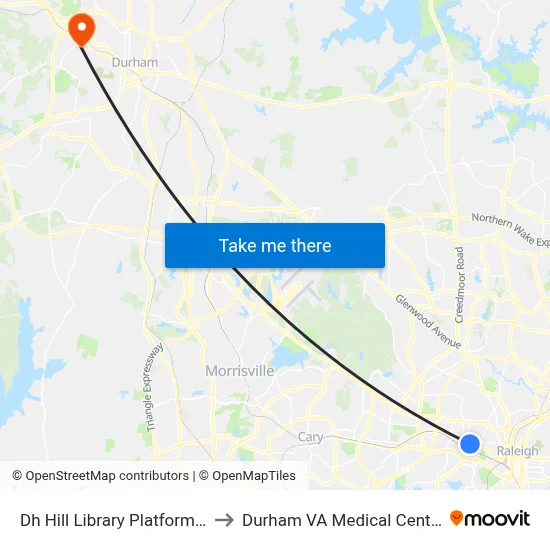 Dh Hill Library Platform A to Durham VA Medical Center map