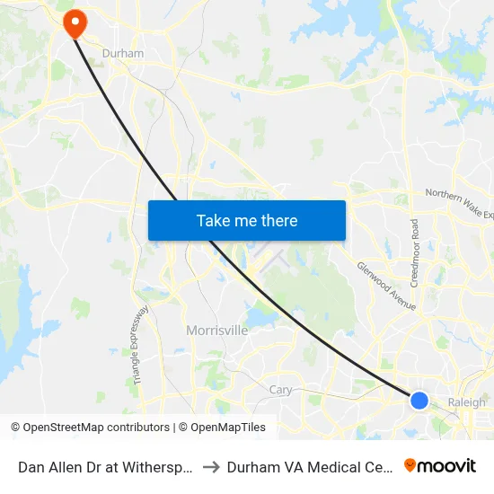 Dan Allen Dr at Witherspoon to Durham VA Medical Center map