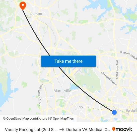 Varsity Parking Lot (2nd Shelter) to Durham VA Medical Center map