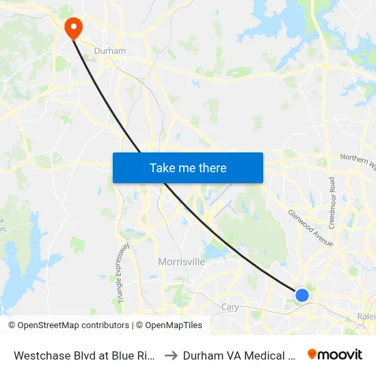 Westchase Blvd at Blue Ridge Rd to Durham VA Medical Center map